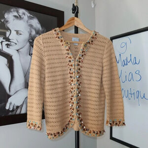 Vintage Berek Knit Embelished Beaded Cardigan Sweater small 3/4 sleeve